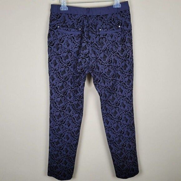 Soft Surroundings Size M Baroque Ponte Stretch Navy Blue Velvet Detailed Pants - Picture 3 of 12